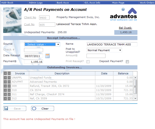 The A/R Post Payments on Account form
