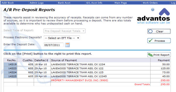 The A/R Pre-Deposit Reports example