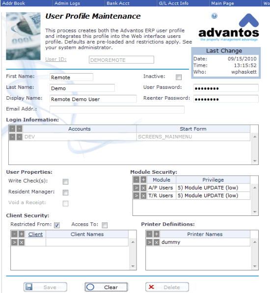 The Advantos Enterprise user profile input screen.